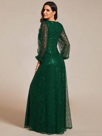 Shimmering All Over V-Neck Long Lantern Sleeve Sequin A-Line Evening Dress - Dark Green