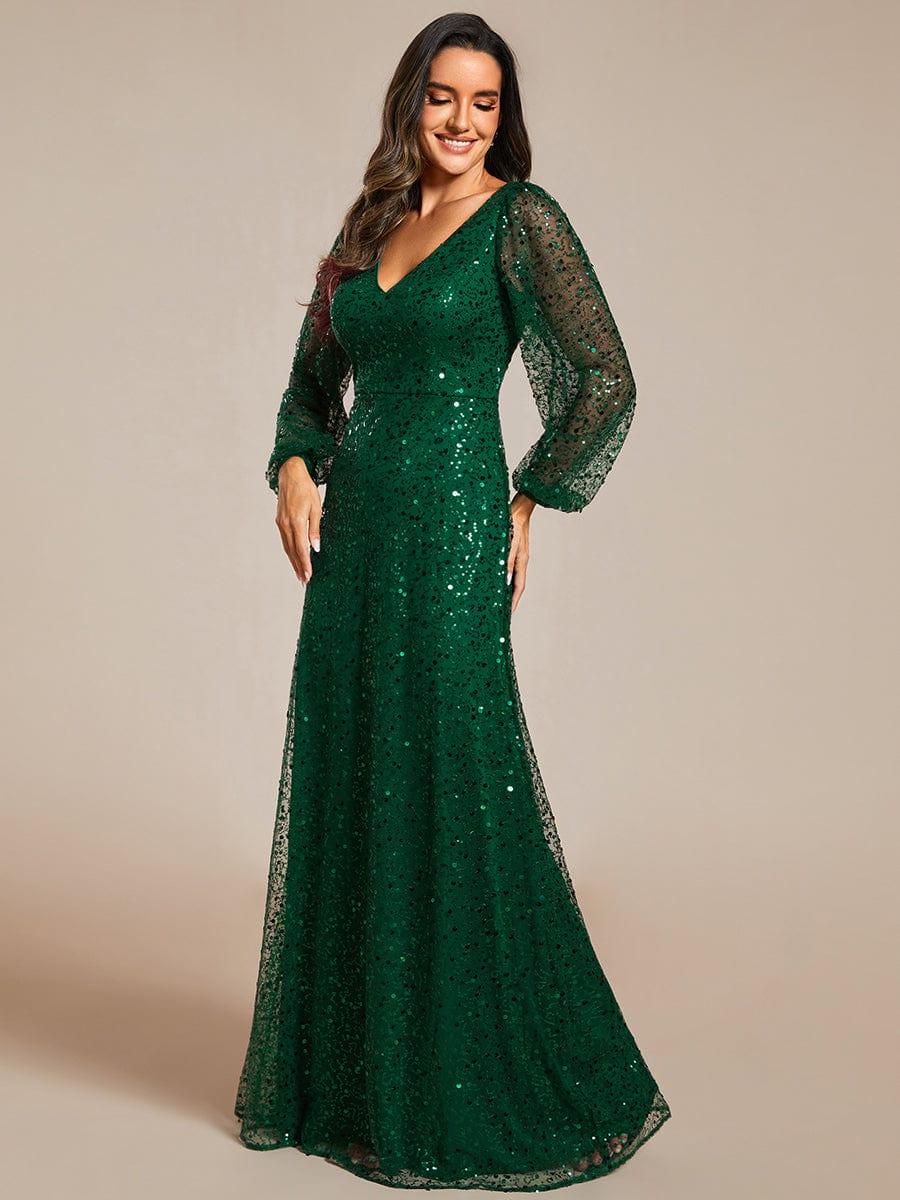 Shimmering All Over V-Neck Long Lantern Sleeve Sequin A-Line Evening Dress - Dark Green Shimmering All Over V-Neck Long Lantern Sleeve Sequin A-Line Evening Dress - Dark Green