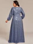 Shimmering All Over V-Neck Long Lantern Sleeve Sequin A-Line Evening Dress – Dusty Blue