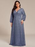 Shimmering All Over V-Neck Long Lantern Sleeve Sequin A-Line Evening Dress – Dusty Blue