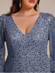 Shimmering All Over V-Neck Long Lantern Sleeve Sequin A-Line Evening Dress – Dusty Blue