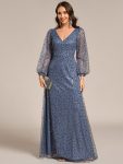 Shimmering All Over V-Neck Long Lantern Sleeve Sequin A-Line Evening Dress - Dusty Blue