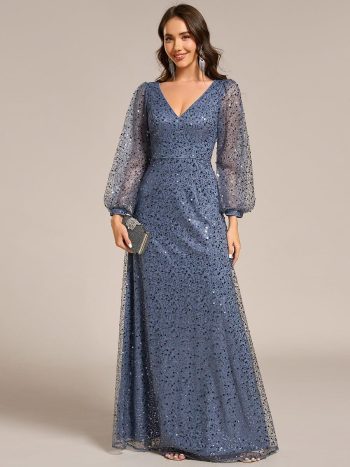 Shimmering All Over V-Neck Long Lantern Sleeve Sequin A-Line Evening Dress - Dusty Blue
