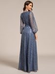 Shimmering All Over V-Neck Long Lantern Sleeve Sequin A-Line Evening Dress – Dusty Blue