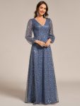 Shimmering All Over V-Neck Long Lantern Sleeve Sequin A-Line Evening Dress – Dusty Blue