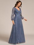 Shimmering All Over V-Neck Long Lantern Sleeve Sequin A-Line Evening Dress – Dusty Blue