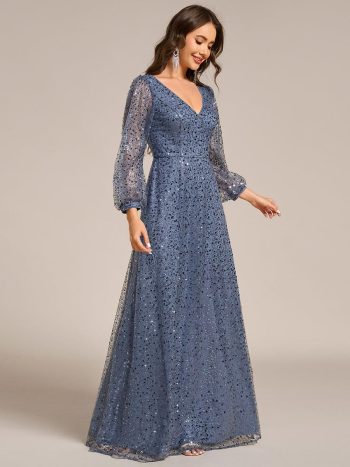 Shimmering All Over V-Neck Long Lantern Sleeve Sequin A-Line Evening Dress - Dusty Blue