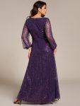 Shimmering All Over V-Neck Long Lantern Sleeve Sequin A-Line Evening Dress – Dark Purple