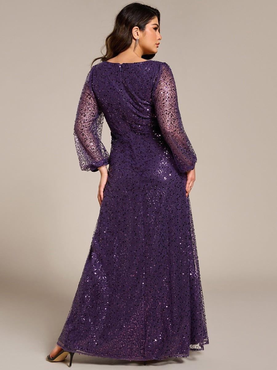 Shimmering All Over V-Neck Long Lantern Sleeve Sequin A-Line Evening Dress - Dark Purple Shimmering All Over V-Neck Long Lantern Sleeve Sequin A-Line Evening Dress - Dark Purple