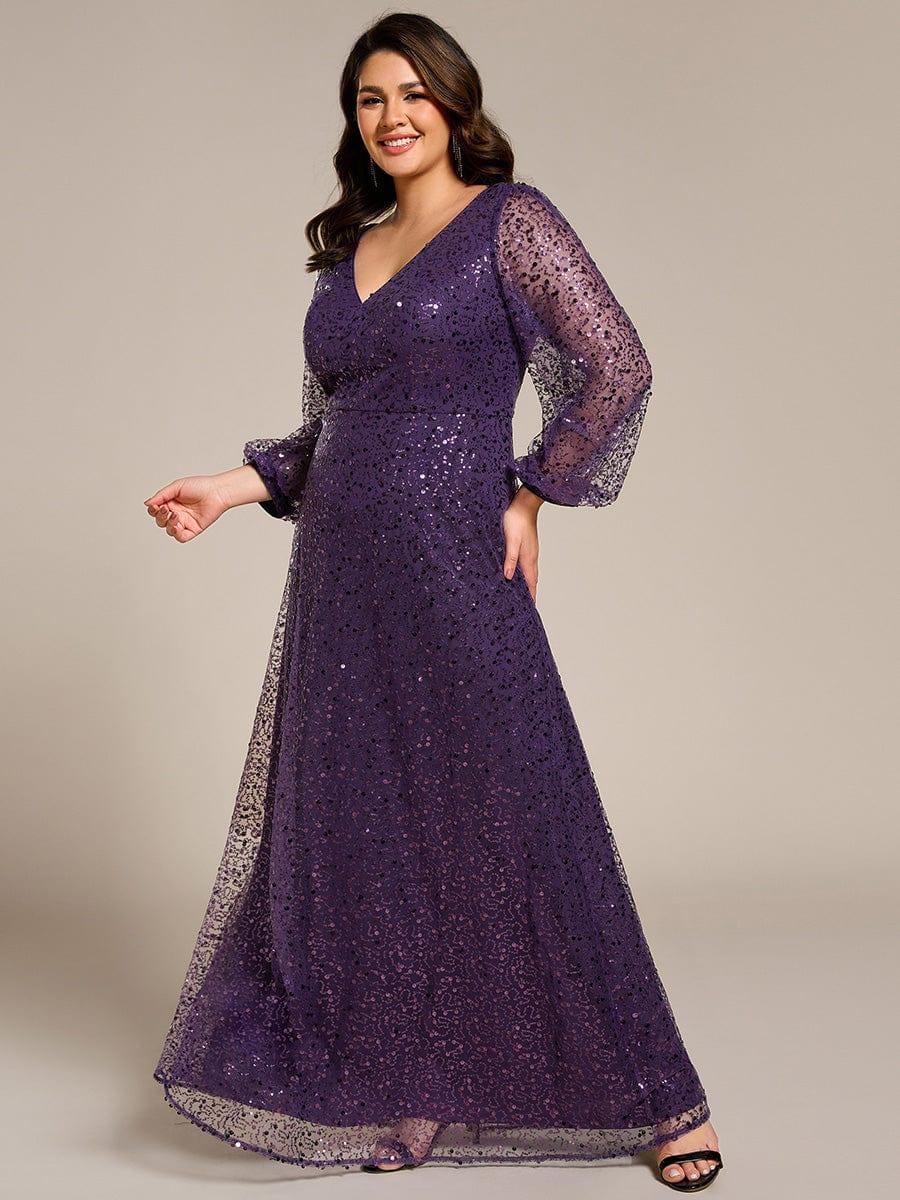 Shimmering All Over V-Neck Long Lantern Sleeve Sequin A-Line Evening Dress - Dark Purple Shimmering All Over V-Neck Long Lantern Sleeve Sequin A-Line Evening Dress - Dark Purple