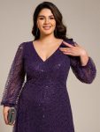 Shimmering All Over V-Neck Long Lantern Sleeve Sequin A-Line Evening Dress – Dark Purple