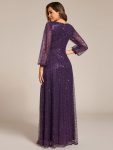 Shimmering All Over V-Neck Long Lantern Sleeve Sequin A-Line Evening Dress – Dark Purple