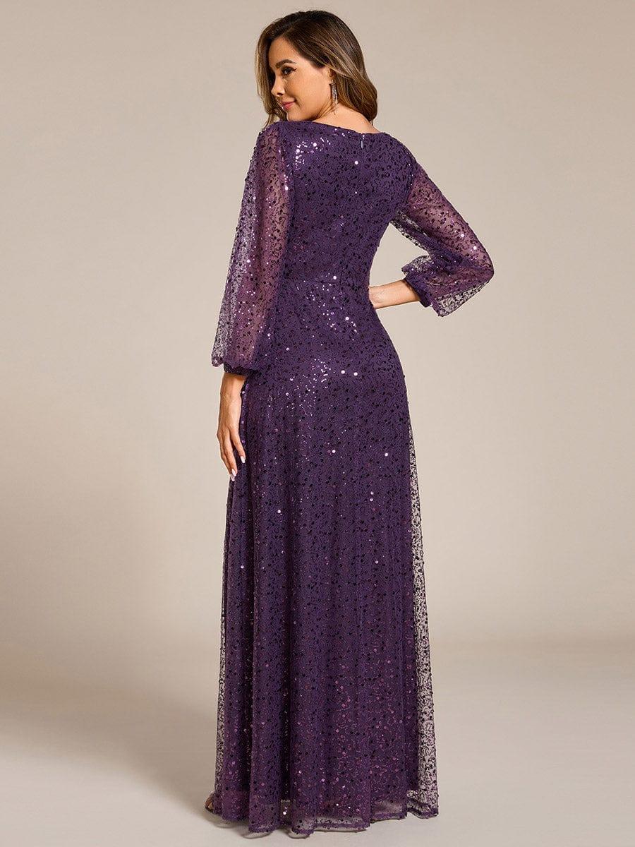 Shimmering All Over V-Neck Long Lantern Sleeve Sequin A-Line Evening Dress - Dark Purple Shimmering All Over V-Neck Long Lantern Sleeve Sequin A-Line Evening Dress - Dark Purple