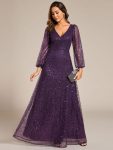Shimmering All Over V-Neck Long Lantern Sleeve Sequin A-Line Evening Dress – Dark Purple