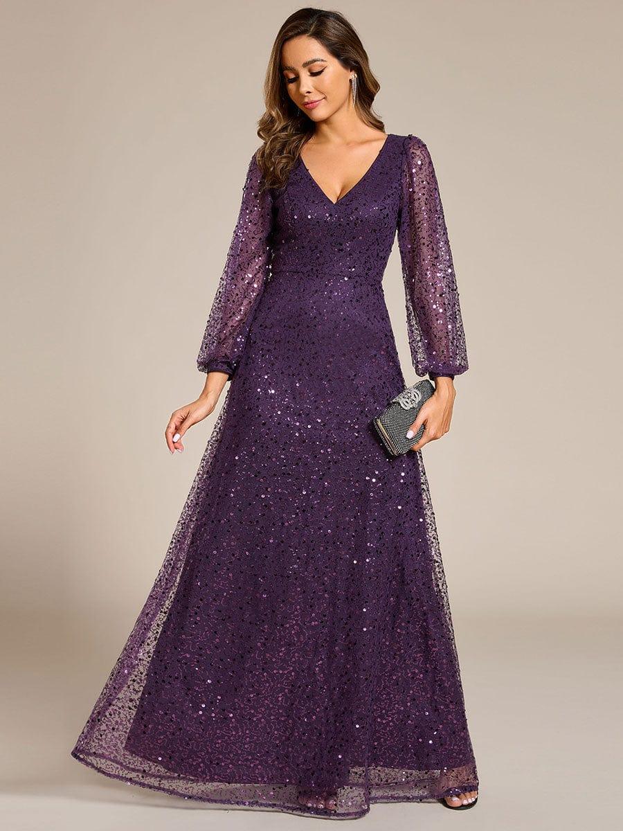 Shimmering All Over V-Neck Long Lantern Sleeve Sequin A-Line Evening Dress - Dark Purple Shimmering All Over V-Neck Long Lantern Sleeve Sequin A-Line Evening Dress - Dark Purple