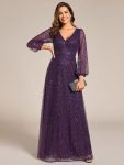 Shimmering All Over V-Neck Long Lantern Sleeve Sequin A-Line Evening Dress – Dark Purple