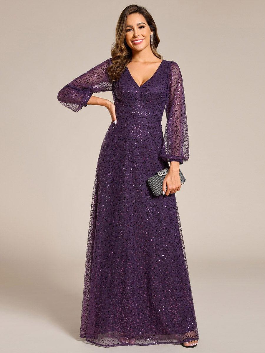 Shimmering All Over V-Neck Long Lantern Sleeve Sequin A-Line Evening Dress - Dark Purple Shimmering All Over V-Neck Long Lantern Sleeve Sequin A-Line Evening Dress - Dark Purple