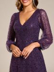 Shimmering All Over V-Neck Long Lantern Sleeve Sequin A-Line Evening Dress – Dark Purple