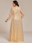 Shimmering All Over V-Neck Long Lantern Sleeve Sequin A-Line Evening Dress – Gold