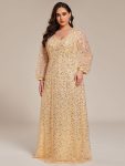 Shimmering All Over V-Neck Long Lantern Sleeve Sequin A-Line Evening Dress – Gold