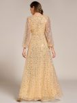 Shimmering All Over V-Neck Long Lantern Sleeve Sequin A-Line Evening Dress – Gold