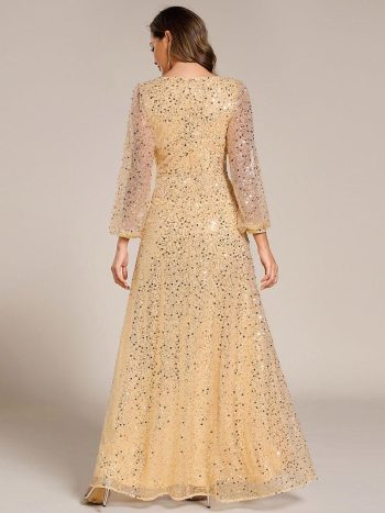 Shimmering All Over V-Neck Long Lantern Sleeve Sequin A-Line Evening Dress - Gold