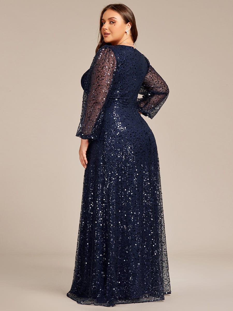 Shimmering All Over V-Neck Long Lantern Sleeve Sequin A-Line Evening Dress - Navy Blue Shimmering All Over V-Neck Long Lantern Sleeve Sequin A-Line Evening Dress - Navy Blue