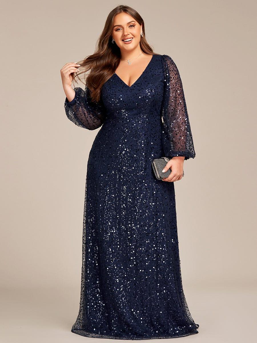 Shimmering All Over V-Neck Long Lantern Sleeve Sequin A-Line Evening Dress - Navy Blue Shimmering All Over V-Neck Long Lantern Sleeve Sequin A-Line Evening Dress - Navy Blue