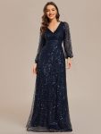 Shimmering All Over V-Neck Long Lantern Sleeve Sequin A-Line Evening Dress – Navy Blue