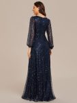 Shimmering All Over V-Neck Long Lantern Sleeve Sequin A-Line Evening Dress – Navy Blue