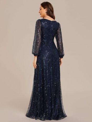 Shimmering All Over V-Neck Long Lantern Sleeve Sequin A-Line Evening Dress - Navy Blue