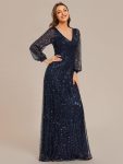 Shimmering All Over V-Neck Long Lantern Sleeve Sequin A-Line Evening Dress – Navy Blue