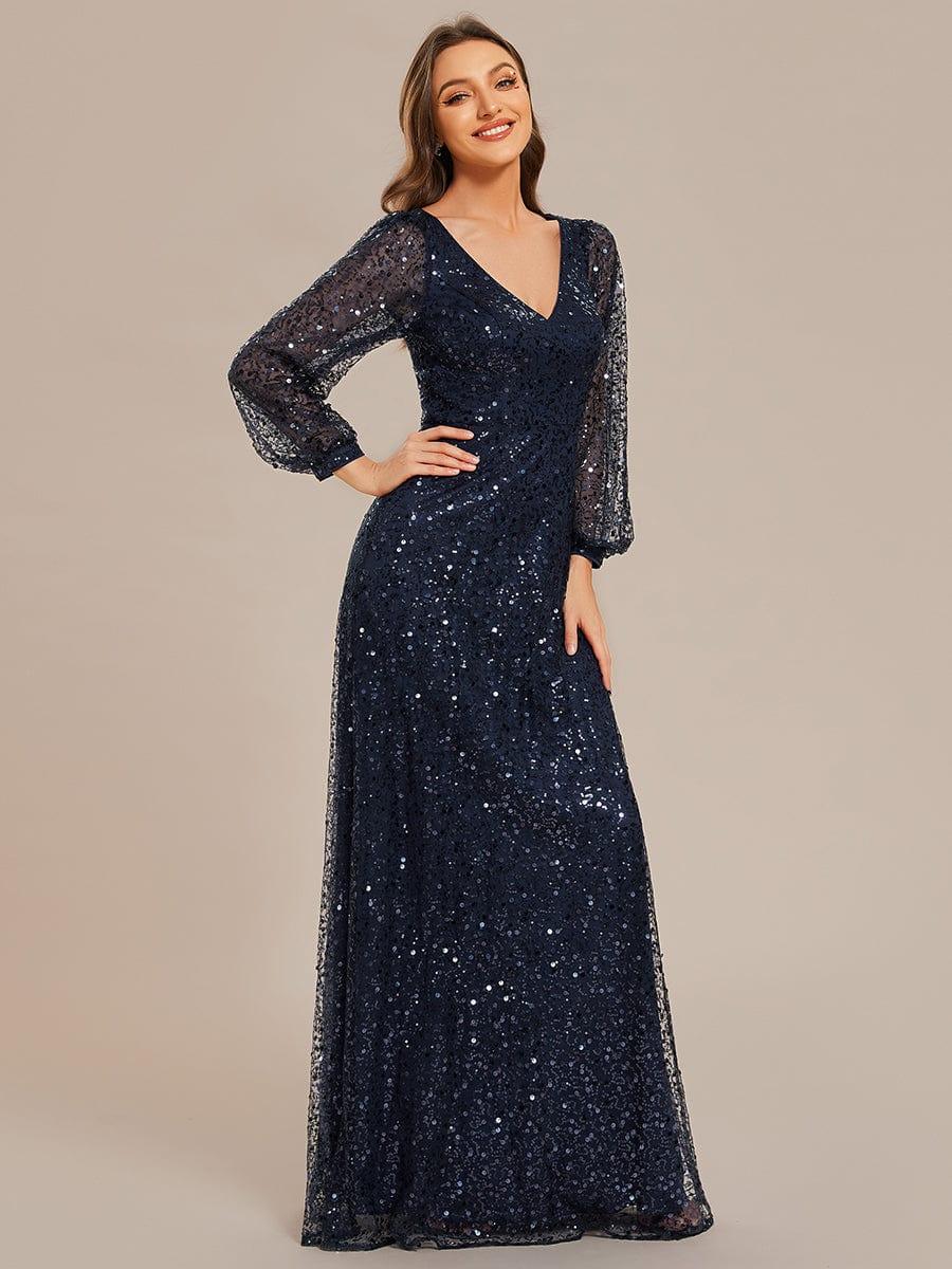Shimmering All Over V-Neck Long Lantern Sleeve Sequin A-Line Evening Dress - Navy Blue Shimmering All Over V-Neck Long Lantern Sleeve Sequin A-Line Evening Dress - Navy Blue