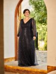 Shimmering All Over V-Neck Long Lantern Sleeve Sequin A-Line Evening Dress – Navy Blue