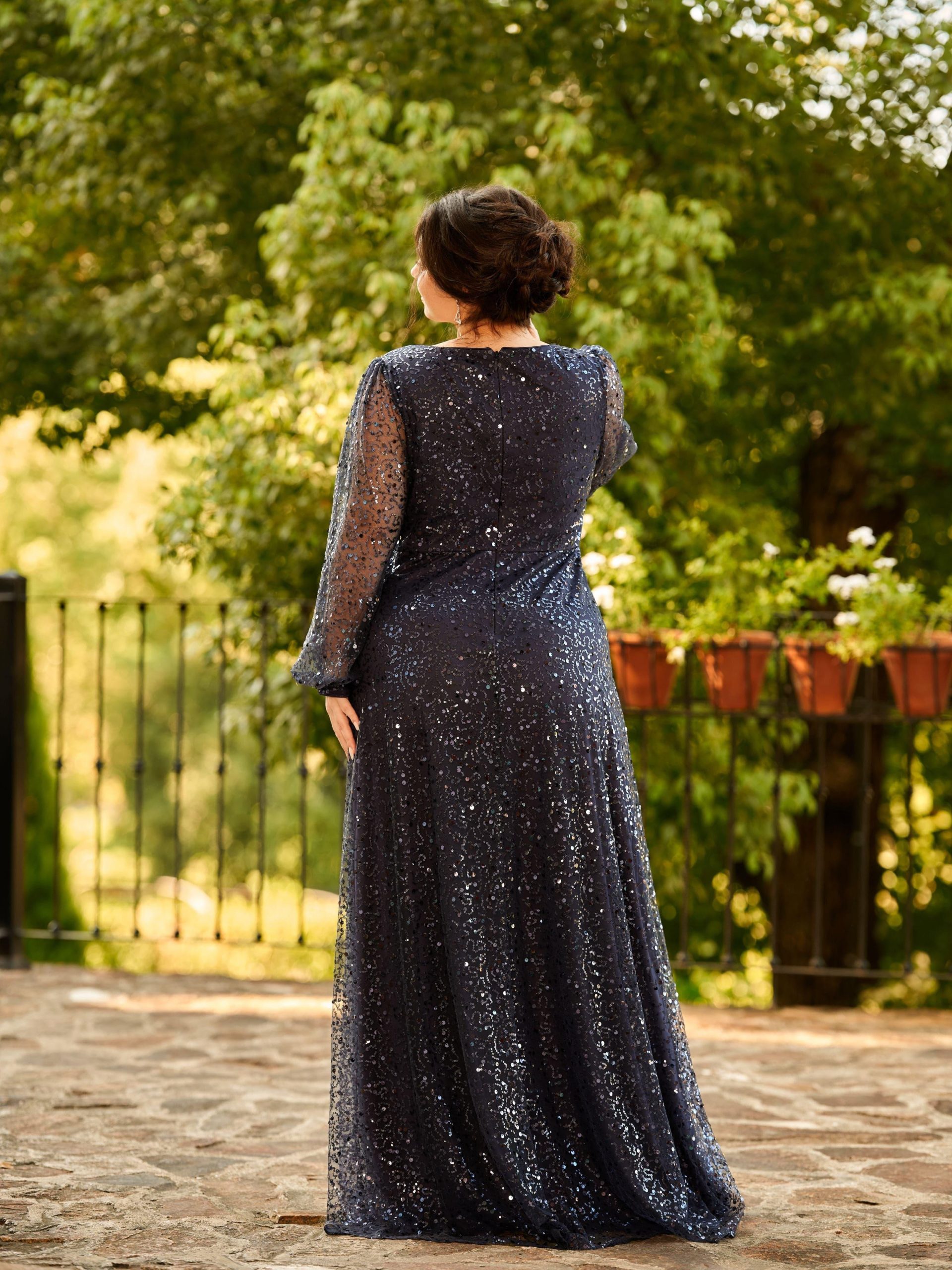 Shimmering All Over V-Neck Long Lantern Sleeve Sequin A-Line Evening Dress - Navy Blue Shimmering All Over V-Neck Long Lantern Sleeve Sequin A-Line Evening Dress - Navy Blue