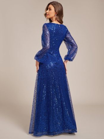 Shimmering All Over V-Neck Long Lantern Sleeve Sequin A-Line Evening Dress - Sapphire Blue