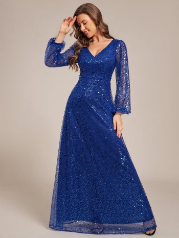 Shimmering All Over V-Neck Long Lantern Sleeve Sequin A-Line Evening Dress - Sapphire Blue