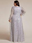 Shimmering All Over V-Neck Long Lantern Sleeve Sequin A-Line Evening Dress – Silver