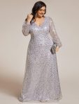 Shimmering All Over V-Neck Long Lantern Sleeve Sequin A-Line Evening Dress – Silver