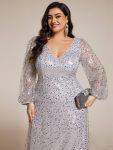 Shimmering All Over V-Neck Long Lantern Sleeve Sequin A-Line Evening Dress – Silver
