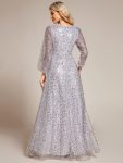 Shimmering All Over V-Neck Long Lantern Sleeve Sequin A-Line Evening Dress - Silver