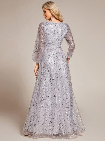 Shimmering All Over V-Neck Long Lantern Sleeve Sequin A-Line Evening Dress - Silver