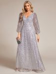 Shimmering All Over V-Neck Long Lantern Sleeve Sequin A-Line Evening Dress – Silver