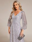 Shimmering All Over V-Neck Long Lantern Sleeve Sequin A-Line Evening Dress – Silver