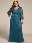 Shimmering All Over V-Neck Long Lantern Sleeve Sequin A-Line Evening Dress – Teal