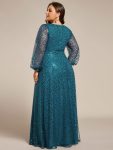 Shimmering All Over V-Neck Long Lantern Sleeve Sequin A-Line Evening Dress – Teal