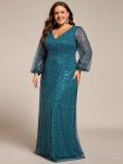 Shimmering All Over V-Neck Long Lantern Sleeve Sequin A-Line Evening Dress – Teal