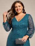 Shimmering All Over V-Neck Long Lantern Sleeve Sequin A-Line Evening Dress – Teal
