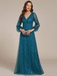 Shimmering All Over V-Neck Long Lantern Sleeve Sequin A-Line Evening Dress – Teal