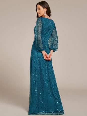 Shimmering All Over V-Neck Long Lantern Sleeve Sequin A-Line Evening Dress - Teal
